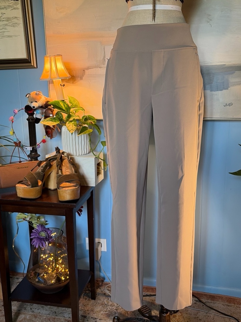 Athleta Taupe High-Rise Straight-Leg Ponte Pants